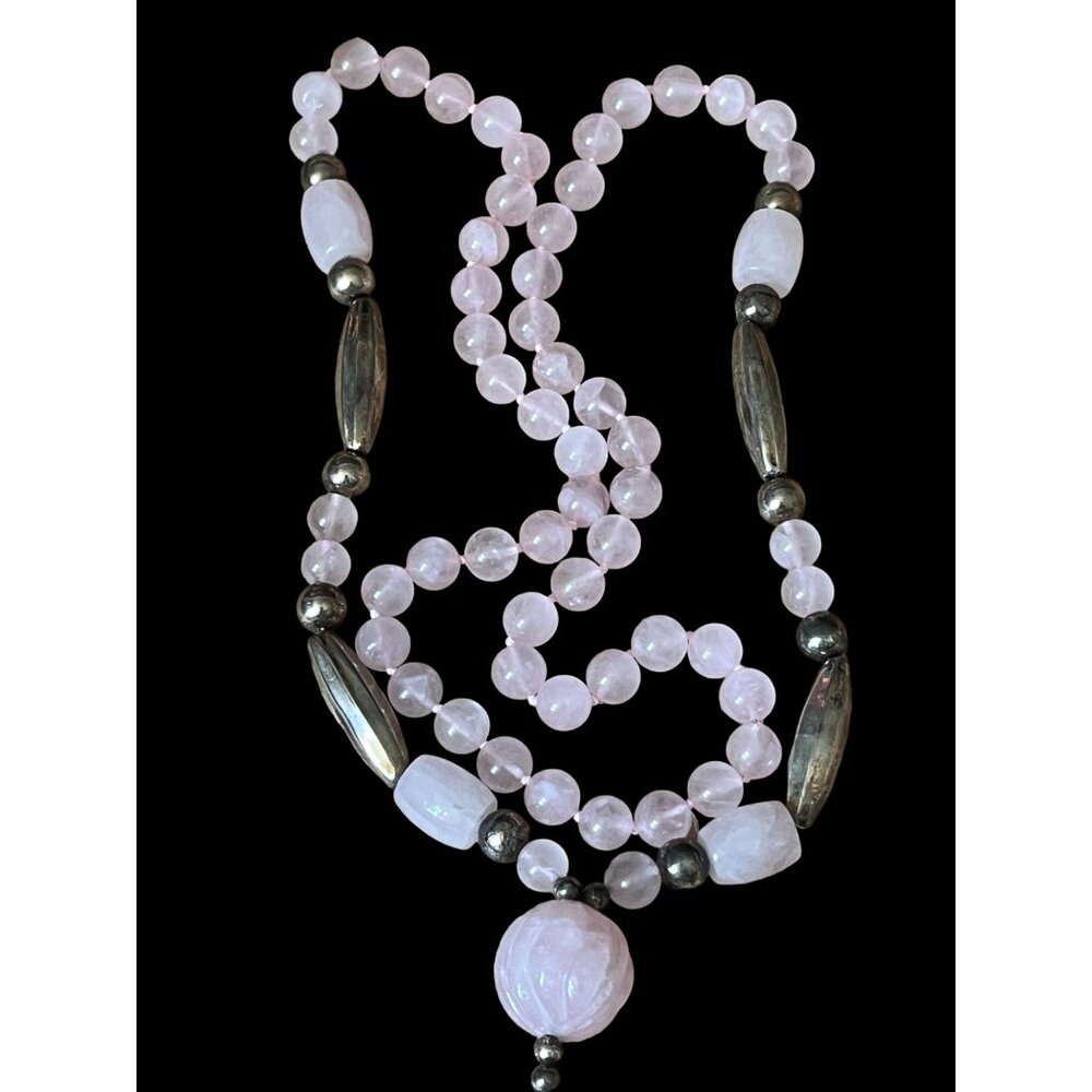 Vintage Rose Quartz Beaded Necklace w/Charms & Silver Accent Beads - Picture 2 of 16